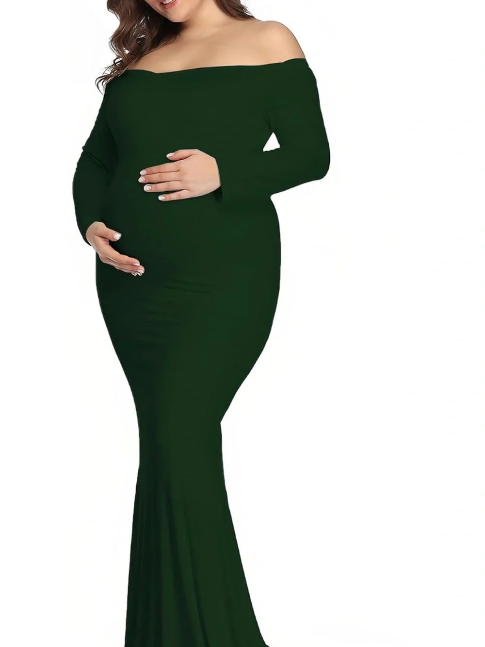 Off-Shoulder Maternity Maxi Dress in Deep Green